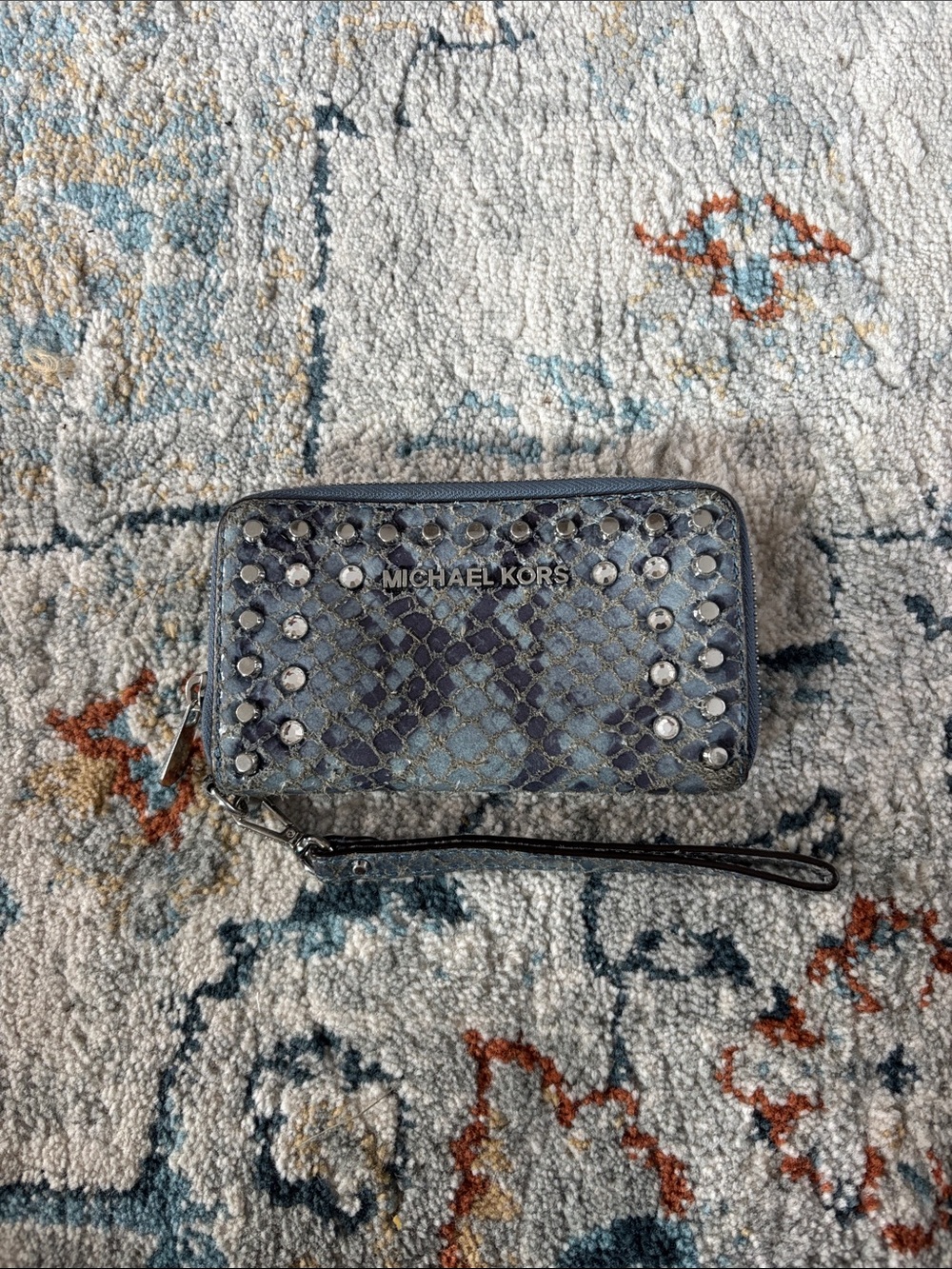 Michael Kors Studded & Rhinestone Snake-Embossed Zip-Around Wallet / Card Case